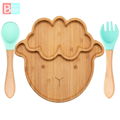 20213PCS Wooden Dinner Plate Silicone Suction Cup Non-slip Waterproof Fork Spoon Baby Feeding Tableware Baby Feeding Plate Free BPA