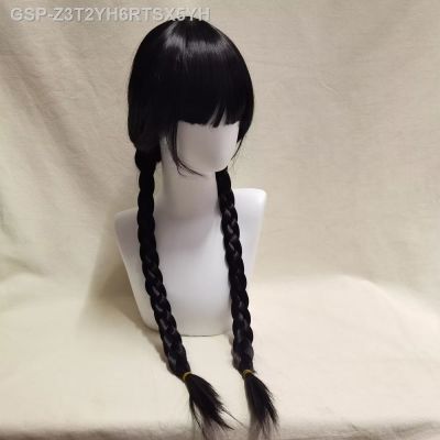 ☌♗☬Wednaddams Cosplay Peruca Longa Preto Tranças Cabelo Resistente Ao Calor Perucas Sintéticas Com Franja Para Festa De Halloween