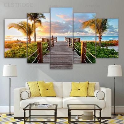 Zhangyanhui2 Coast Boardwalk Palms Beach ภูมิทัศน์โปสเตอร์โมเดิร์น HD ภาพวาดผ้าใบ Wall Art ภาพ Modular สำหรับตกแต่งห้องนั่งเล่น5ชิ้น