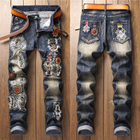 Mens patchwork jeans for men 2023 flags patches design stretch jeans Trendy embroidered tapered denim pants male casual trousers holes ripped jeans boy friend style blue