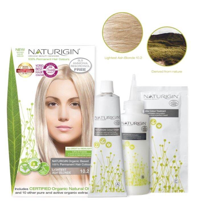 naturigin-10-2-lightest-ash-blonde-permanent-organic-hair-color-dye-สีบลอนด์อ่อนสุดประกายแอช-สีผมออร์แกนิค-นำเข้าจากเดนมาร์ก-115-ml