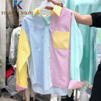 ๑ Patchwork Fashion Striped Shirt Women Pocket Lapel Long Sleeve Shirt Autumn Womens tops and Blouses Korean Loose Casual Shirts