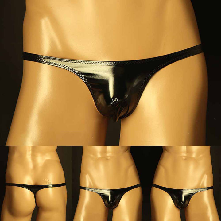 ผู้ชายเซ็กซี่ทองจีสตริงหนัง-pu-ชุดชั้นในอวัยวะเพศชายนูนกระเป๋ากางเกงชุดชั้นในแนวราบ-t-back-กางเกงเนียนนุ่มกางเกง