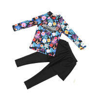 2pcs/set Girls Swimsuit Split Printed Long Sleeve + Princess Pantskirt Set for 5-11 Years Old Kids