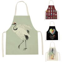 Animal Style Apron Kitchen Home Cleaning Pinafore Red-Crowned Crane Pattern Apron Sleeveless Cotton Linen Aprons Custom Aprons