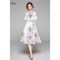 Fashionable All-Match Waist Slimming Positioning Printed Short-Sleeved Dress (with Belt)