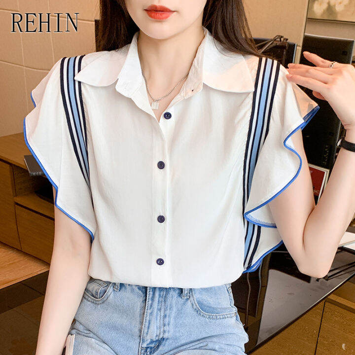 rehin-เสื้อเชิ้ตแขนสั้นเย็บขอบจีบผู้หญิง-เสื้อชีฟองหรูหรา