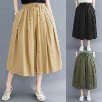 【มีไซส์ใหญ่】Plus Size Womens Elastic Waist Wide Leg 7/10 Summer Pants Fashion Black Green Vintage Female Cropped Trousers