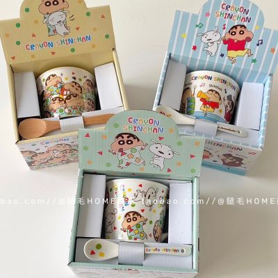 Crayon Shinchan ceramic mug cute cartoon student children water cup with spoon gift box couple cup coffee cup 【Boutique】♣✐