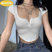 Wintin Fashion Summer New Short-Sleeved U-Neck Single-Breasted Sexy Slim Fit Midriff-Baring Base Solid Color Small T-shirt for Women