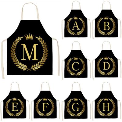 Black Golden Crown Letter Alphabet Print Kitchen Apron for Woman Man Cotton Linen Aprons For Cooking Home Cleaning Tools 53*65cm Aprons