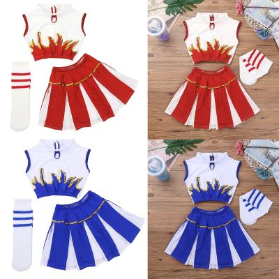 Kids Girls Cheerleader Costumes Sleeveless Tops With Shorts Skirt Socks Set School Football Team Suit Cheerleading Uniform Sets