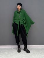 Hot Sale Korean Version Batwing Sleeve Shirt Women Loose Black Green Irregular Blouse 2023 Summer LHX2492