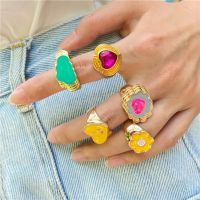 Personalized Fashion Gold Ring Colorful Flowers Heart Metal Finger Rings Women Jewelry Accessories