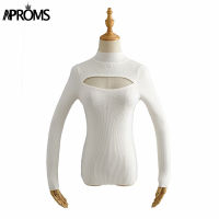 Aproms Elegant Solid Color Cut-Out Soft Knitted Sweater Women 2021 Winter High Neck Long Sleeve Stretch Basic Top Female Jumpers