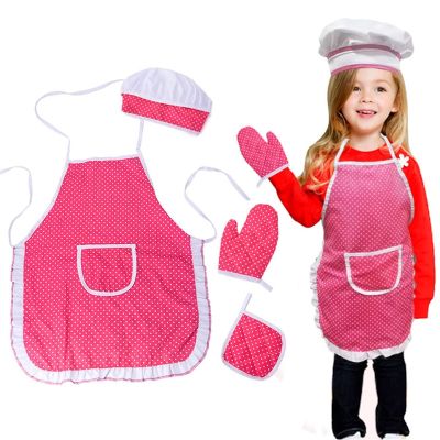 ถุงมือผ้ากันเปื้อนผ้ากันเปื้อนสำหรับทำอาหารเครื่องมือทำขนมอบเดรสแบบเชฟของเด็ก4ชิ้น,เครื่องมือทำขนมอบทำอาหารของเล่นห้องครัวบ้านของเล่นเชฟหมวก