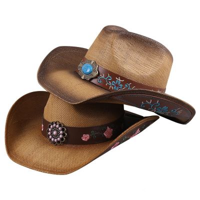 หมวกคาวบอยตะวันตกปักฟางสาน100% สำหรับผู้ชายผู้หญิงคาวบอยหมวกดวงอาทิตย์ชายหาดฤดูร้อนหมวกสไตล์แจ๊ส Sombrero Hombre