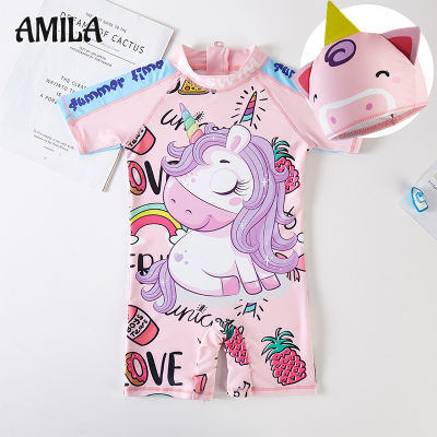 AMILA Cute cartoon girl surfing suit girl swimming trunks baby quick-drying sunscreen childrens swimsuit