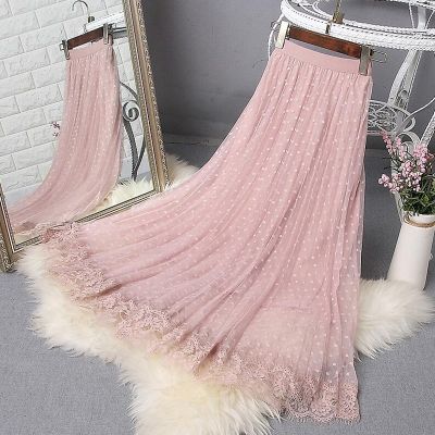 【CC】 2022 Patchwork Mesh Skirts Elastic waist Dot print Pleated Skirt A Tulle