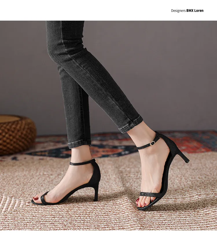 Women Fashion Black Buckle Sandals Lady New Stiletto Heels Dress