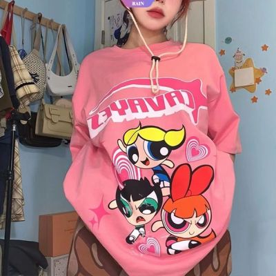 HOT Cartoon Anime The Powerpuff Girls Printed Patterns Women Summer Thin Section Cotton Half-sleeve T-shirt Kawaii Cute Stud