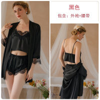 2023 Hot Sexy Ice Silk Pajamas Stitching Lace Top With Narrow Straps Shorts Outerwear Gown Womens Home Clothes Suit 19072