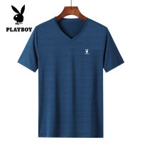 PLAYBOY เสื้อเสื้อยืดผ้าไหมน้ำแข็งฤดูร้อนแขนสั้นผู้ชาย,เสื้อคอวีระบายอากาศสีทึบลำลองกีฬาแขนสั้น