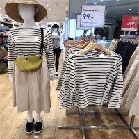 Uniqlostraat♟เสื้อโค้ทสตรีแบบมีตัวตลกวันพักผ่อนใหม่สำหรับฤดูใบไม้ร่วงเสื้อยืดลายทางสำหรับผ้าฝ้ายแขนยาว431870