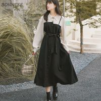 ❇✣ Long Sleeve Dress Women Patchwork Turn-down Collar Sashes Design All-match Vestido Stylish Korean Style Elegant Basic College