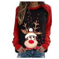 Autumn Winter Womens Pullover Christmas Print Color Blocking Long-sleeved T-shirt Shirt Top 2023