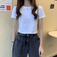 ∋✑☑ White short high-waisted T-shirt for women 2022 new summer Korean style tight inner versatile short-sleeved bottoming slim top