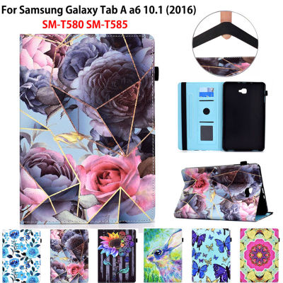 SM-T580สำหรับ Samsung Galaxy Tab A A6 10.1 "2016 SM-T585 T580 T585กรอบแท็บเล็ตดอกกุหลาบพิมพ์ PU แท่นวางที่ทำจากหนังกรณี