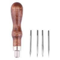 4 in 1 Leather Craft Sewing Kit with Wooden Handle Diamond Awl DIY Punch Tool for Leather Sewing and Hand Sewing