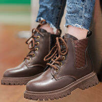 DTNOW Boys Boots Girls ผูกรองเท้าหนังสีดำคลาสสิกเด็กรองเท้าข้อเท้าขนาดเด็กขี่รองเท้าฤดูใบไม้ร่วงนุ่มขนาด27-38