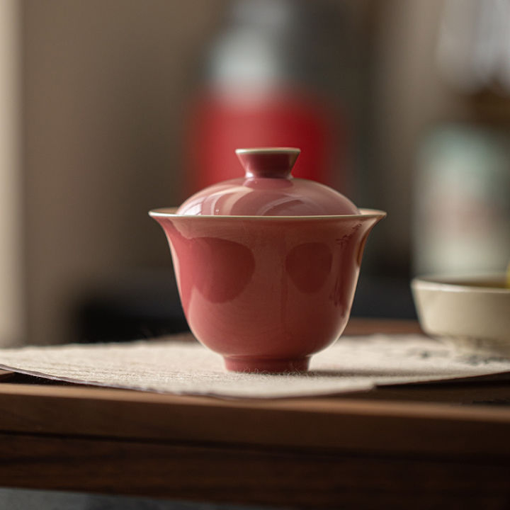 แสงสีแดงเซรามิก-gaiwan-สำหรับหม้ออบชาที่มีฝาปิดจีน-t-eaware-กังฟูพิธีชงชาสีชมพูชามชา-chawan-ลิลลี่เติ้งของร้านค้า