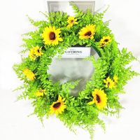 Artificial Sunflower Wreath For Faux Floral Round Summer Wreath With Green Leaves Sunflowers Home Party Window Wall Decor For Home Weeding Party Decora