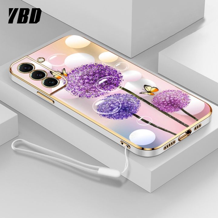 ybd-ใหม่ปลอกสำหรับ-samsung-s21-s22-s23-plus-s21-s22-s23-ultra-s21-fe-พิเศษเคสโทรศัพท์นิ่มชุบโครเมี่ยมสุดหรูเคสฟรีสายคล้องแบบดอกไม้ผีเสื้อสีสันสดใส