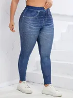 NianMiao Plus Size Denim Print Solid High Stretch Leggings, Womens Plus High Waist Basic Leggings