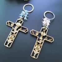 12 Pcs Wood Keychain Favor for boys Girls Gift for Guest Recuerdos para Primera Comunion with Gift Bags cross keychain