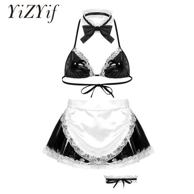 Womens Sexy Maid Lingerie Cute Anime Cosplay Halter Neck Tie Back Bra Top With Skirt G-String Thongs &amp; Apron Necklace Leg Ring