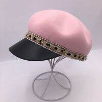 Pink wool visor for women with Patchwork leather eaves octagonal cap beret British fashion