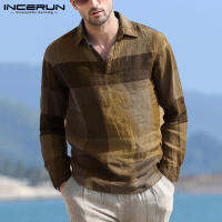 (Cotton Liean) INCERUN Mens VINTAGEตรวจสอบสเวทเชิร์ตแขนยาวลายสก็อตCollaredเสื้อหลวมๆสบายๆวันหยุดTOP