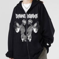 ⊕ New Arrival Skull Wings Hooded Zipper Sweatshirt Women Korean Style Plush Thickening Loose Sports Cardigan Sweatshirt Women