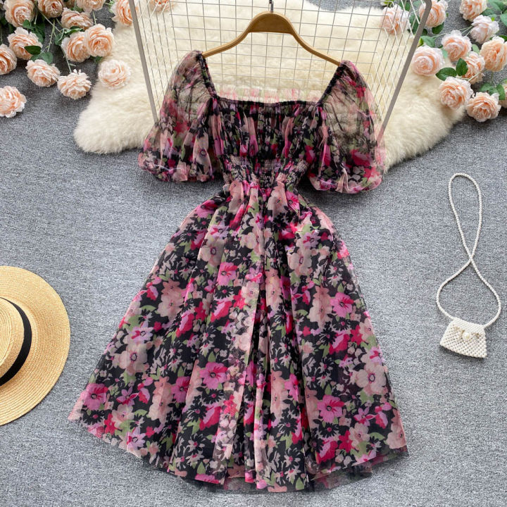 elegant-fashion-literary-small-fresh-mesh-chiffon-first-love-dress-floral-high-waist-sweet-little-fairy-skirt-summer-new-style