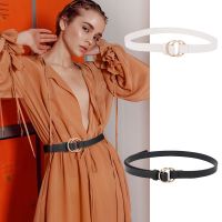 White Black Thin Ladies Dress Belt Double Gold Rings Buckle Women Jeans Waist Belt PU Leather Knotted Belt