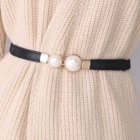 【CW】 Women Double Pearl Belt Female Black Red White PU Leather Dress Skirt Waist Elastic Thin Belts Ladies Designer Waistband ND235