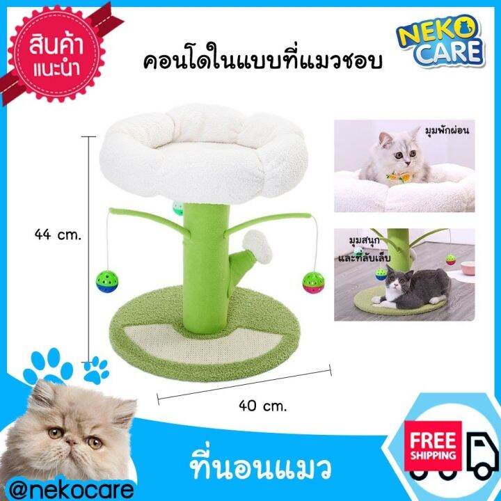 neko-care-คอนโดแมว-ที่นอนแมว-คอนโดแมว2022-ลับเล็บได้-มีกระดิ่งกรุ๊งกริ๊ง-ด้านบนมีเบาะผ้านุ่มๆ-มีฐานลับเล็บไว้ข่วนเล่น-ขนาด-44x40-cm-สีเขียว