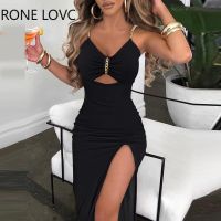 【YF】 Women Sexy Deep V Neck Spaghetti Chain Straps Solid Hollow Out High Silt Maxi Party Dresses