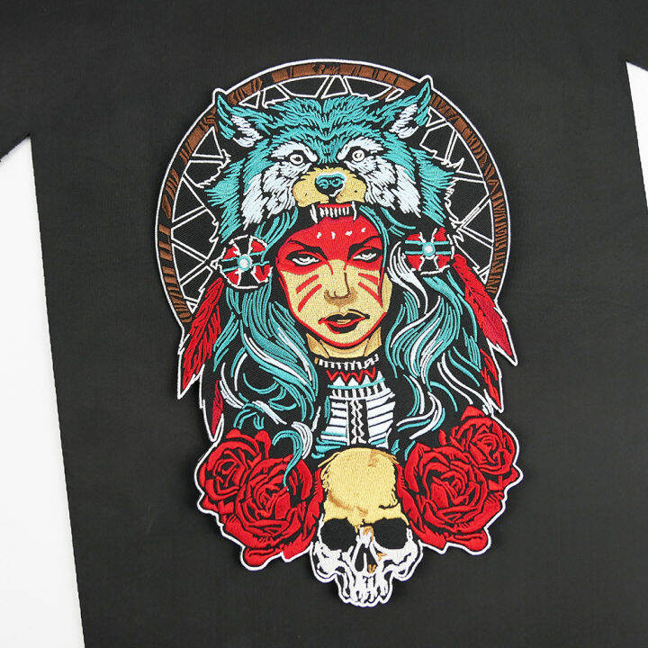 queen-of-the-forest-skull-embroidery-patches-17-27cm-big-back-iron-on-patch-appliques-rose-and-wolf-mc-bikers-jackets-vests