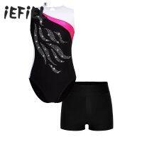 Kids Girls Ballet Dance Sets Sports Gymnastics Workout Outfits Sleeveless Shiny Rhinestone Dance Leotards with Boxer Shorts Suit